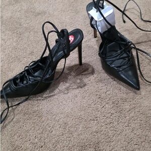 Black Lace-Up Pointed Toe Stiletto Heels with Wrap Straps